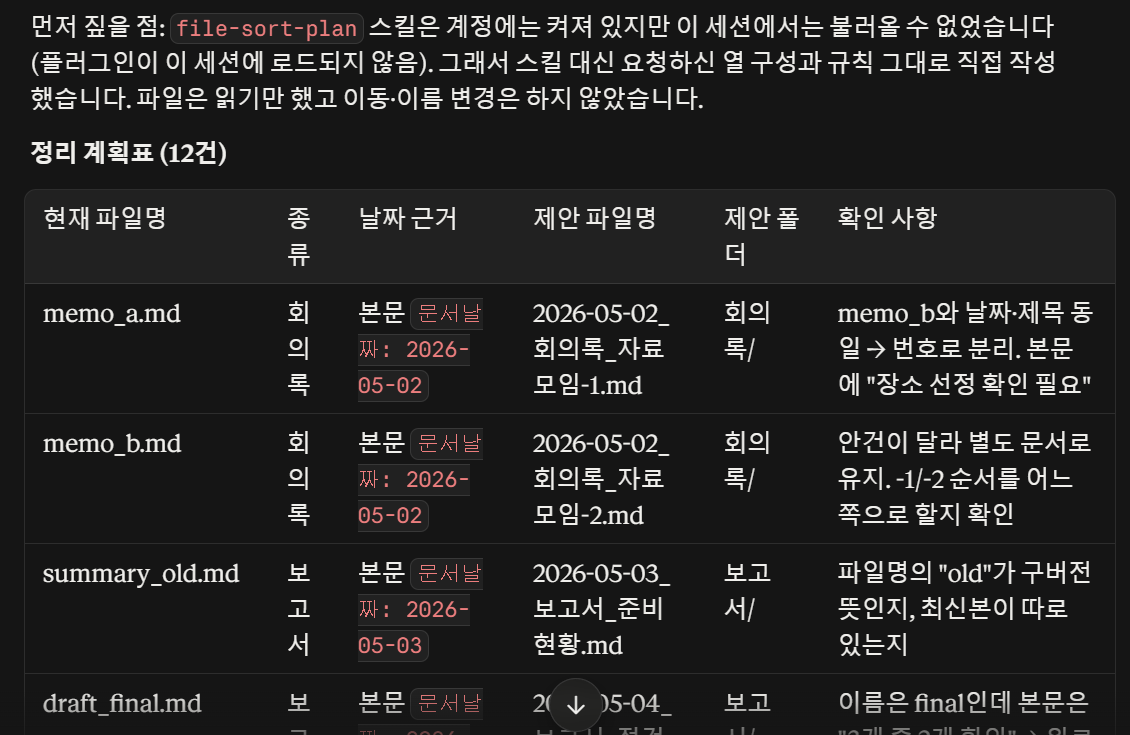 계획표 응답 윗부분. 스킬을 이 세션에서 불러올 수 없었다는 안내 문장과, 현재 파일명·종류·날짜 근거·제안 파일명·제안 폴더·확인 사항 열을 가진 표의 첫 네 행